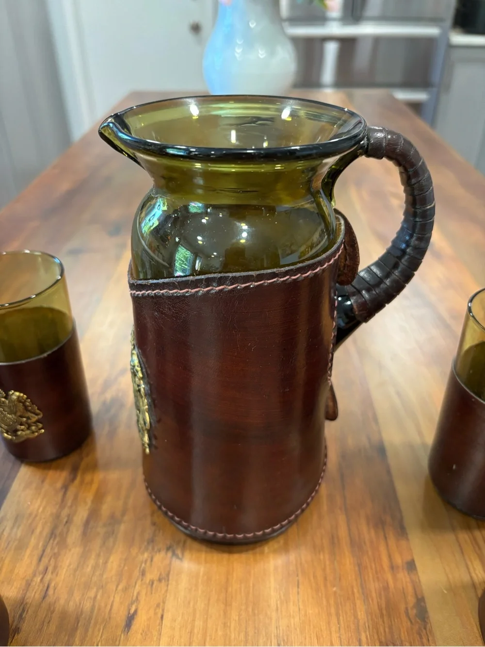 Vintage Italian Leather Wrapped Green Glass Pitcher & 5 Cocktail Glasses Set